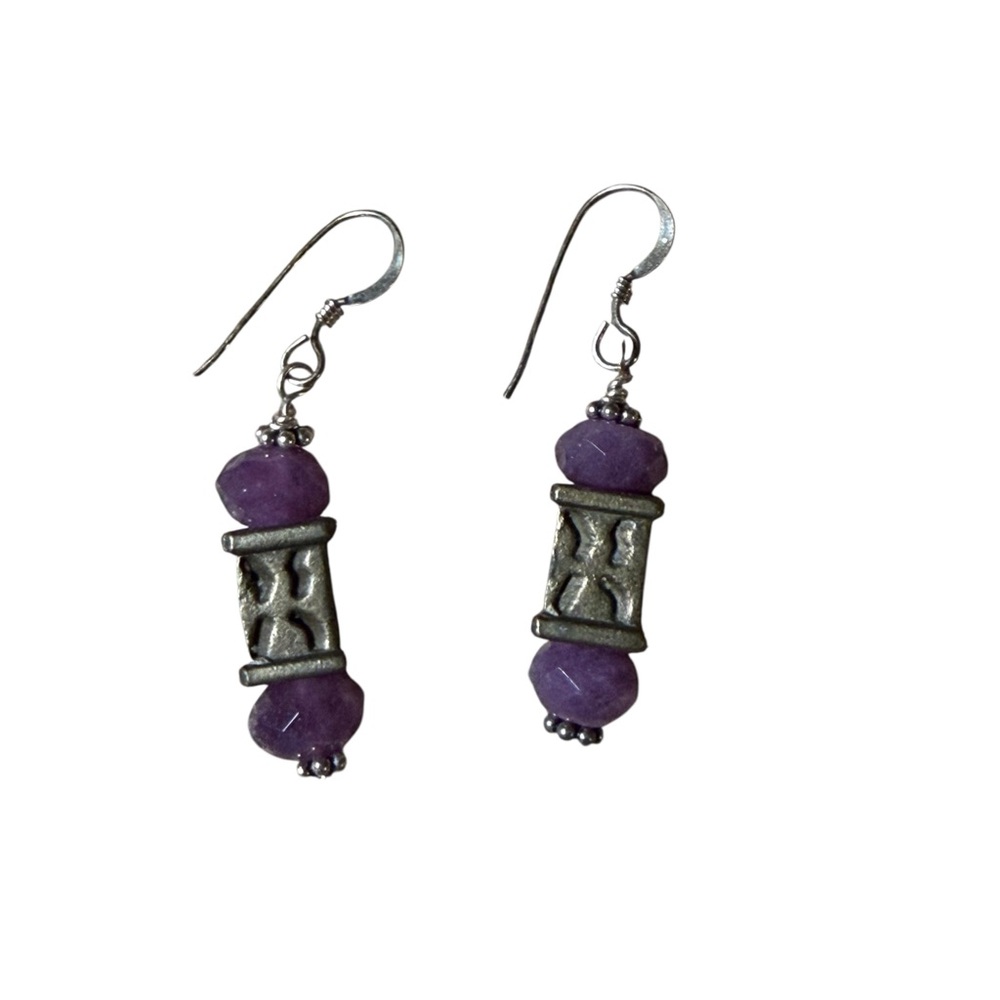 Nwt Handcrafted Purple Jade, Gold Metal And Sterling Silver Earrings